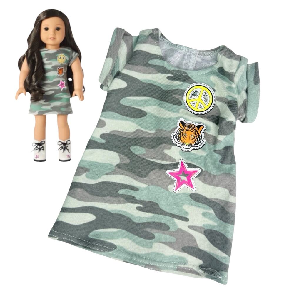 American Girl Meet Dress Show Your Strong Side Green Camo Smiley Face Tiger Star